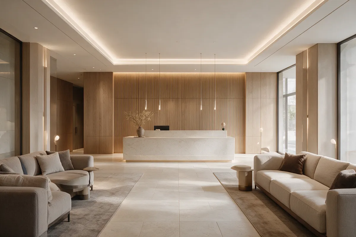 Recepción de hotel de piedra clara y madera, con iluminación lineal indirecta y asientos a ambos lados del paso.