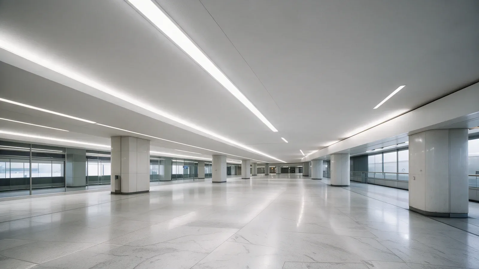 Vestíbulo peatonal de estación con líneas de luz continuas empotradas y una amplia zona de paso con suelo de piedra.